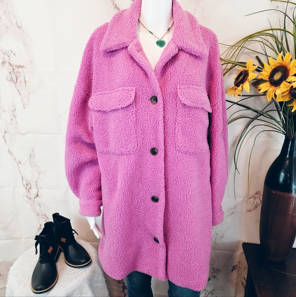 New Anthropologie Avec Les Filles Teddy Sherpa Jacket Pink Petunia Size M | NWT - Picture 4 of 8